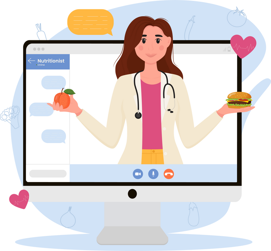 A female nutritionist on the monitor screen. Online course. Nutrition and diet therapy, medical consultation online.